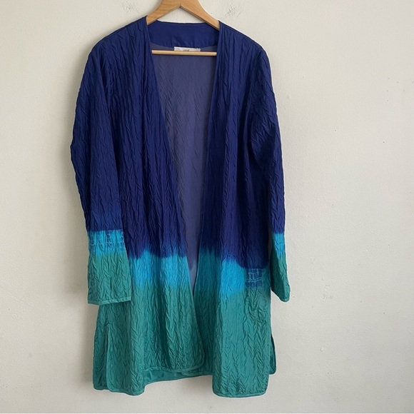 Joshi Silk Kaftan Blue & Green Ombre, Crinkle Textured, With Pockets - Picture 2 of 5